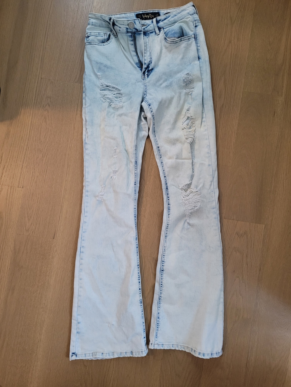 Indigo Rein Light Blue Distressed Flare Jeans Curvy Stretch